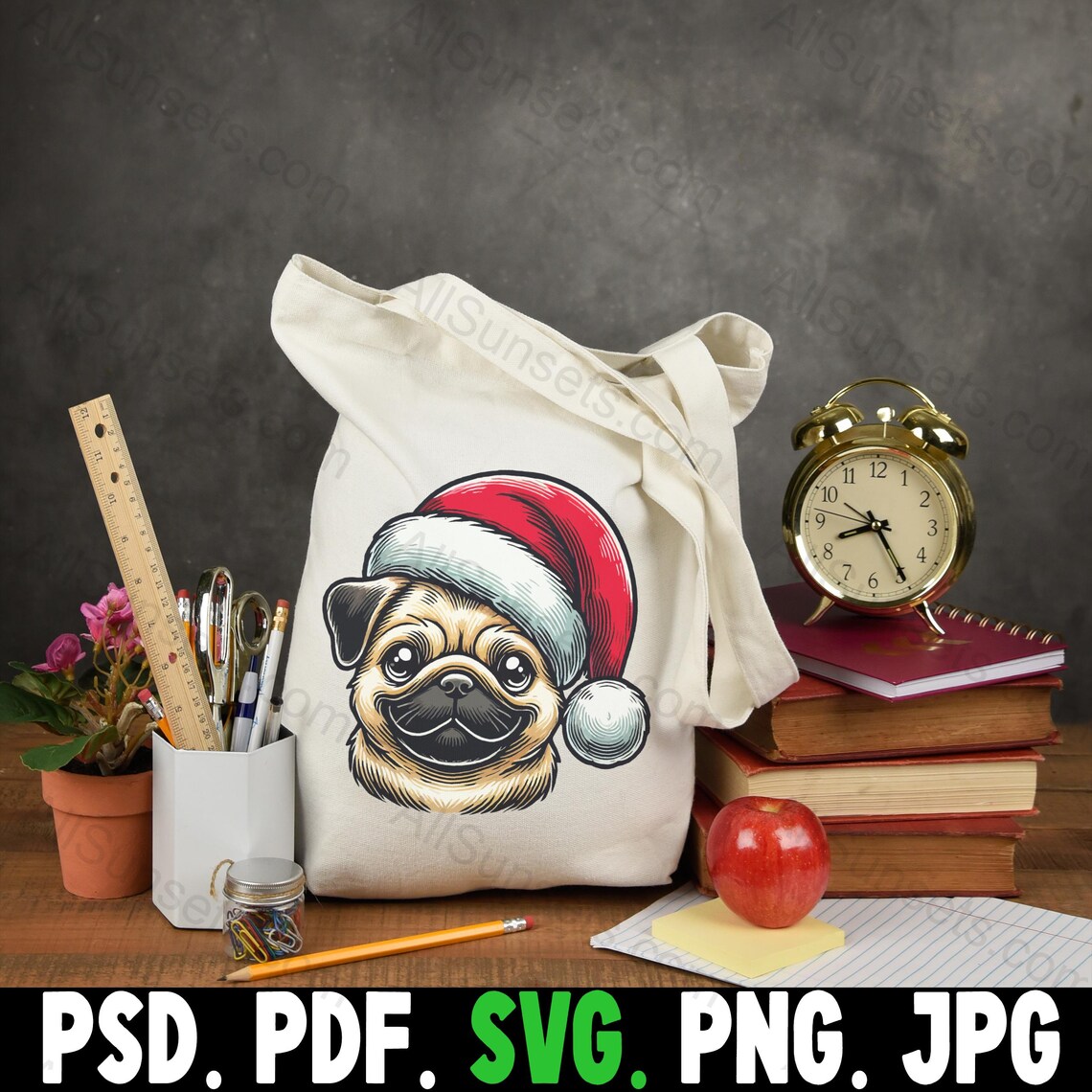 Cute Pug Wearing Santa Cap Svg Png Jpg Pdf, Psd is Single-layer File ...