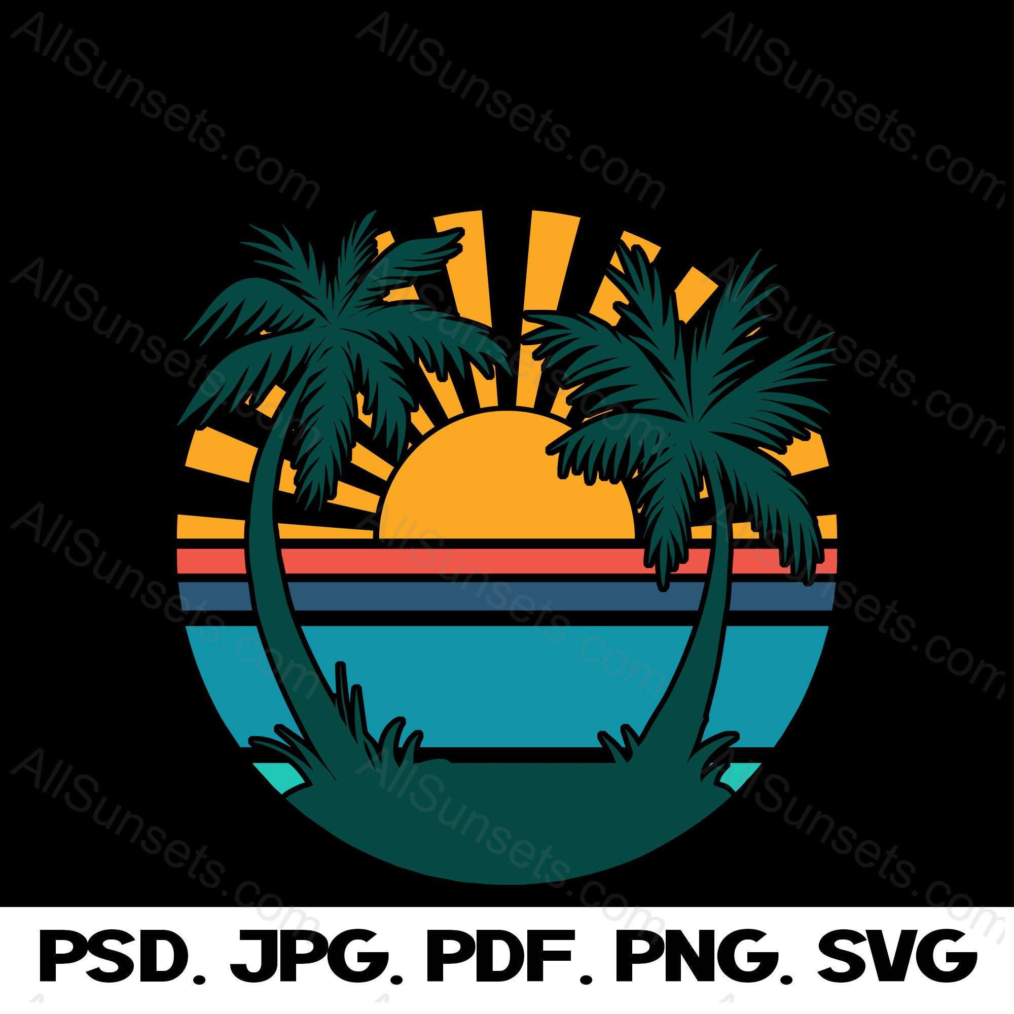 Palm Trees Ocean Sunrays Retro Sunset PNG SVG Psd Pdf Jpg Clipart Beach ...