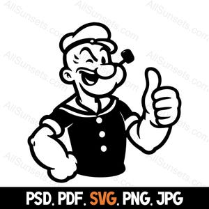 Popeye Making Thumbs Up Sign Silhouette Svg Png Jpg Pdf Psd | Fun Cartoon Clipart for Home or Commercial and Print on Demand  Use