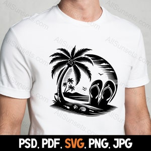 Flip Flops Palm Trees Silhouette svg png jpg pd pdf File Types Vector Beach Seashells Summer Commercial Use Print On Demand Image
