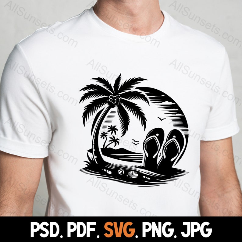 Flip Flops Palm Trees Silhouette svg png jpg pd pdf File Types Vector Beach Seashells Summer Commercial Use Print On Demand Image