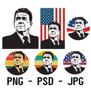 Ronald Reagan Presidentieel grafisch pakket Portretprofiel van Reagan in PNG PSD- en JPG-bestandsformaten Amerikaanse vlag Retro zonsondergangen