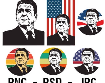 Ronald Reagan Presidential Graphics Package Portrait Profile of Reagan in PNG PSD and JPG File Formats American Flag Retro Sunsets