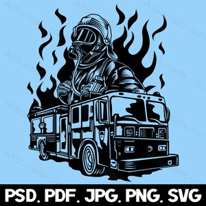 Fireman Firetruck Flames Silhouette svg png psd jpg pdf File Types Fire Truck Vector Graphic Clipart Print On Demand Commercial Use