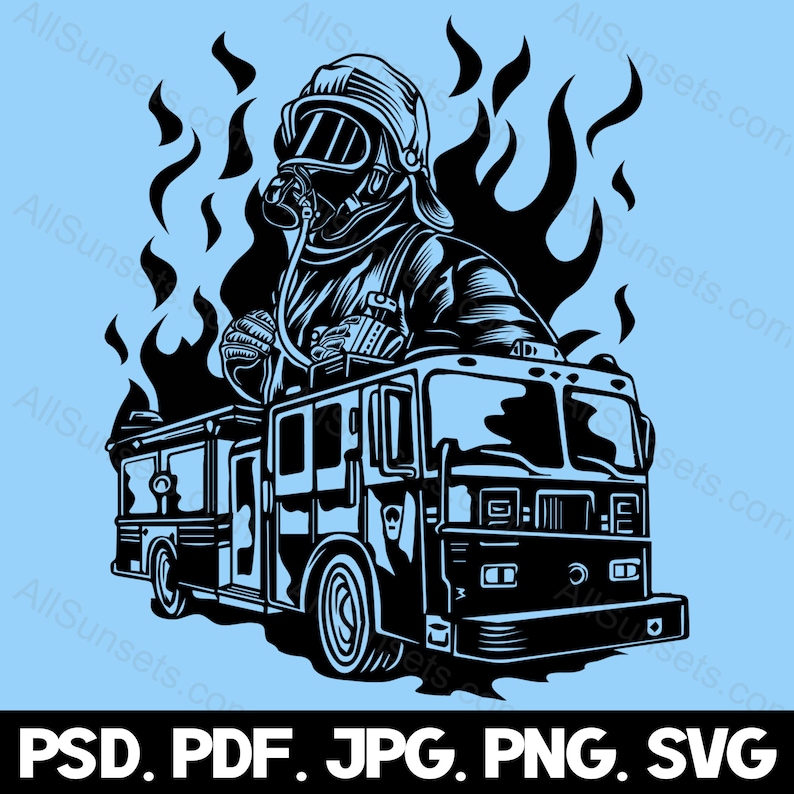 Fireman Firetruck Flames Silhouette svg png psd jpg pdf File Types Fire Truck Vector Graphic Clipart Print On Demand Commercial Use