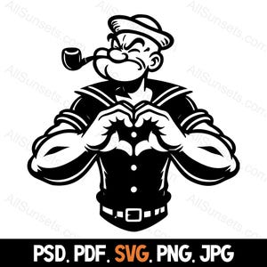 Popeye Making Heart Sign Silhouette Svg Png Jpg Pdf Psd | Fun Cartoon Clipart for Home or Commercial Use Print on Demand