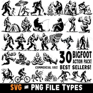 Bigfoot Silhouettes 30 Pack SVG & PNG File Types Action Pack Most Popular Poses of Sasquatch Commercial Use for Print on Demand Clipart