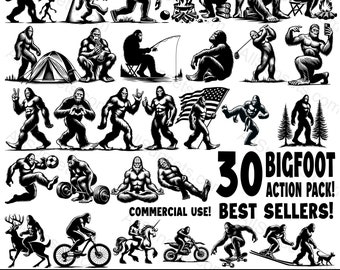 Bigfoot Silhouettes Confezione da 30 tipi di file SVG e PNG Action Pack Pose più popolari di Sasquatch Uso commerciale per la stampa su richiesta Clipart