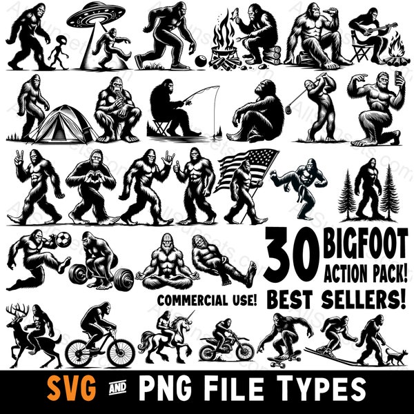 Bigfoot Silhouettes 30 Pack SVG & PNG File Types Action Pack Most Popular Poses of Sasquatch Commercial Use for Print on Demand Clipart