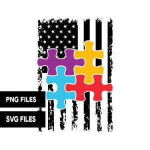 May include: A distressed American flag with a puzzle piece design in purple, blue, yellow, and red. The puzzle pieces are arranged in a square shape in the center of the flag.