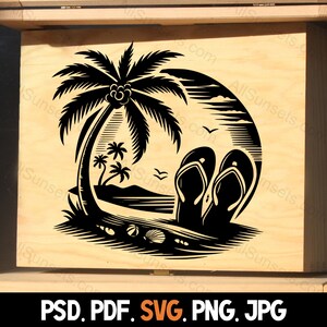 Flip Flops Palm Trees Silhouette svg png jpg pd pdf File Types Vector Beach Seashells Summer Commercial Use Print On Demand Image