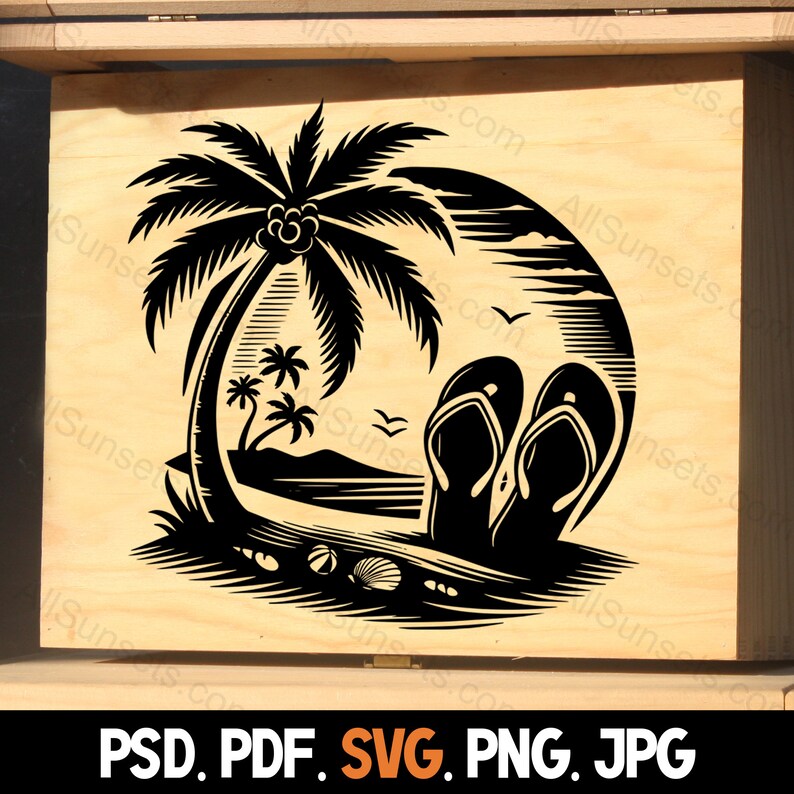 Flip Flops Palm Trees Silhouette svg png jpg pd pdf File Types Vector Beach Seashells Summer Commercial Use Print On Demand Image