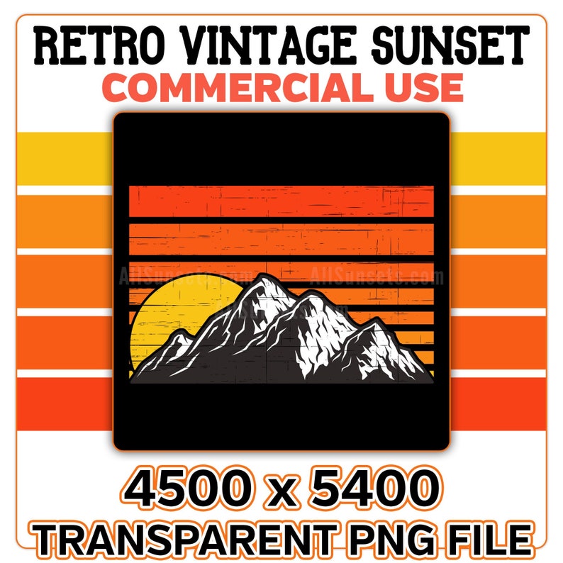 Retro Vintage Sunset Mountain PNG SVG Cut Files Commercial Use Print on Demand Clipart