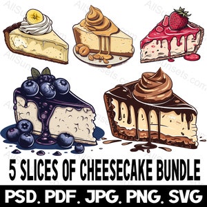 Slices of Cheesecake Bundle svg png psd jpg pdf Dateitypen Banane Blaubeere Schokolade Erdnussbutter Erdbeere Käsekuchen Kommerzielle Nutzung