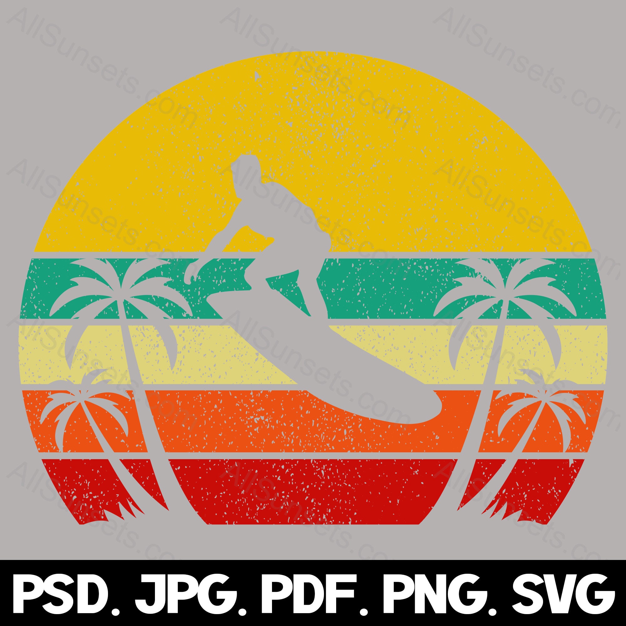 Beach Retro Vintage Sunset PNG Surfer Palm Trees Orange Yellow Blue Tan ...
