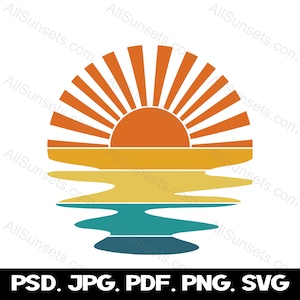 May include: A retro-style illustration of a sunset over a body of water. The sun is orange and yellow with rays extending out from it. The water is blue and green with a reflection of the sun.