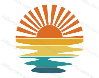 Retro zonsondergang met golvend water (svg png pdf psd jpg bestanden) Clipart Oceaangolven Zonnestralen Oranje Blauw Geel Teal Commerciële licentie Grafisch