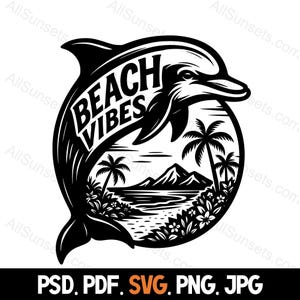 Strand Vibes Delphin Palmen Szene Silhouette SVG Png Jpg Psd Pdf Dateien Vektor Sommer für den privaten oder kommerziellen Gebrauch mit Print On Demand