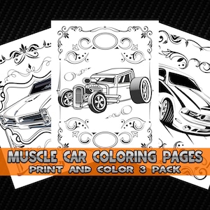 Muscle Cars Coloring Page Sheets 3 Pack Print and Color Vehicles Automobiles Vintage Classic Hot Rods