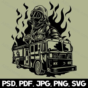 Fireman Firetruck Flames Silhouette svg png psd jpg pdf File Types Fire Truck Vector Graphic Clipart Print On Demand Commercial Use
