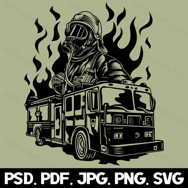 Fireman Firetruck Flames Silhouette svg png psd jpg pdf File Types Fire Truck Vector Graphic Clipart Print On Demand Commercial Use