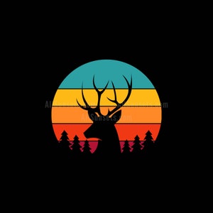 Deer Buck Hunting Rétro vintage Sunset Clipart Arbres à feuilles persistantes PNG Sunrise Forest Numérique Téléchargement instantané 300 DPI Transparent