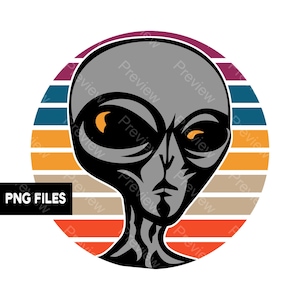 Grey Alien Head Retro Vintage Sunset PNG Files Transparent Graphic Clipart Print On Demand POD Commercial Use