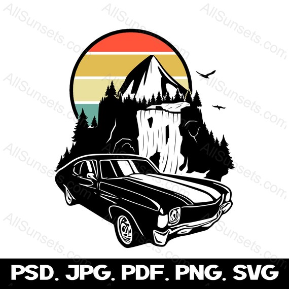 Classic Car SVG 1970s Automobile Retro Vintage Sunset Forest Waterfall Mountain Vector Graphics Clipart png psd jpg eps svg File Types