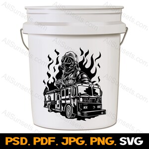 Fireman Firetruck Flames Silhouette svg png psd jpg pdf File Types Fire Truck Vector Graphic Clipart Print On Demand Commercial Use