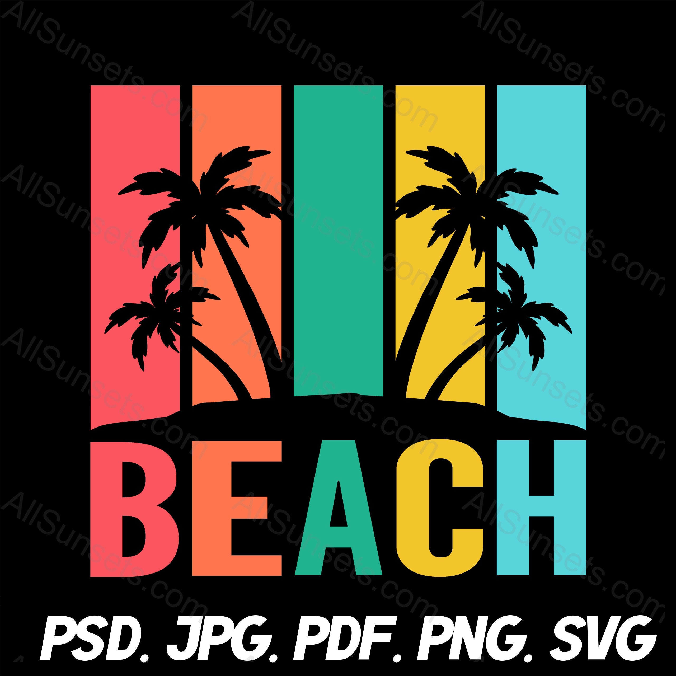 Beach Palm Trees Retro Stripes Sunset PNG SVG Psd Pdf Jpg Files