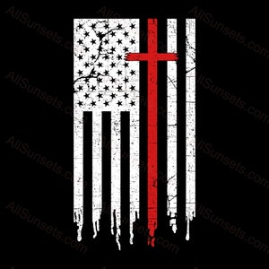 May include: A distressed American flag with a red cross superimposed over it. The flag is white and red with a blue field of stars. The cross is centred on the flag and extends beyond the edges of the flag.