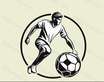 サッカー選手の白黒の男性ボールサークル svg png psd jpg pdf
