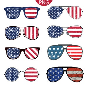 Sonnenbrillen Amerikanische Flagge PNG Dateien Multi Pack 8 Patriotische 4. Juli Gläser USA Kommerzielle Verwendung Transparent Print on Demand Clipart