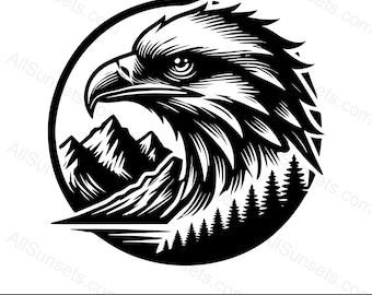 Eagle Forest Mountains Circle Silhouette SVG png pdf psd jpg Vector File Formats for Home or Print on Demand and Commercial Use