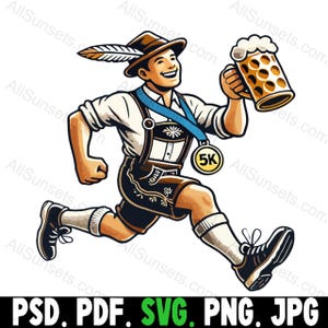 Puede incluir: Una ilustración de dibujos animados de un hombre con ropa tradicional alemana, corriendo mientras sostiene una jarra de cerveza y una medalla que dice "5K".