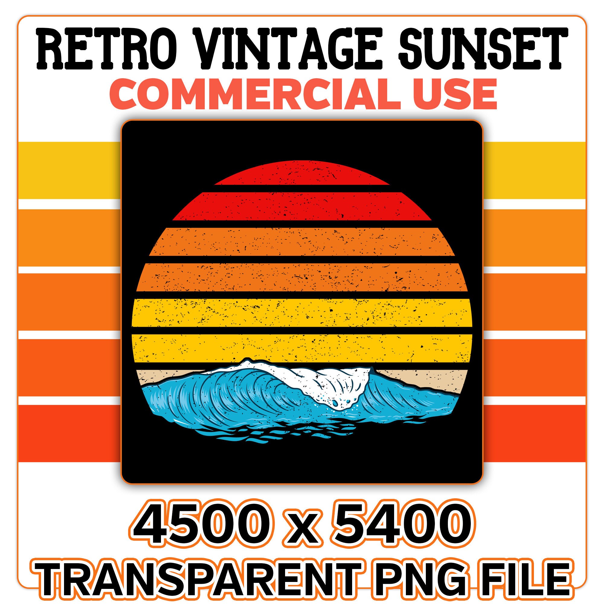 Download Retro Vintage Round Sunset Ocean Waves Horizontal Png Clip Art Etsy