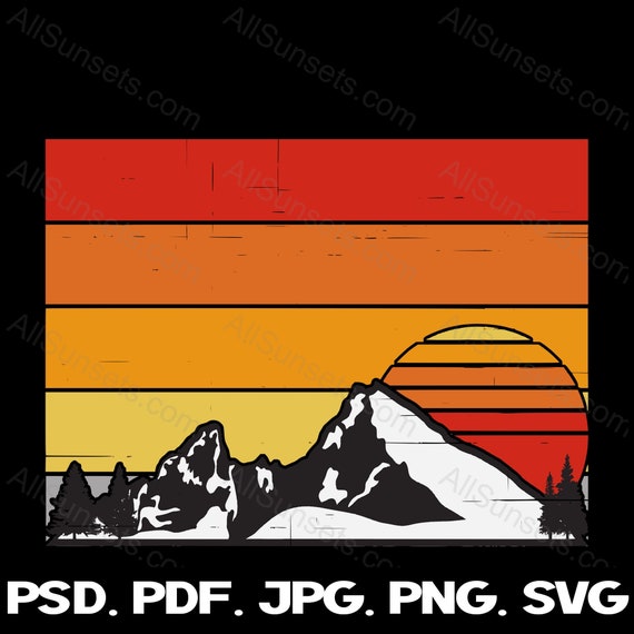 Retro Vintage Sunset Mountain Horizontale Streifen svg png jpg pdf psd  DateiTypen Clip Art Gelb Orange Rot Farben Kommerzielle Lizenz Grafik -  .de