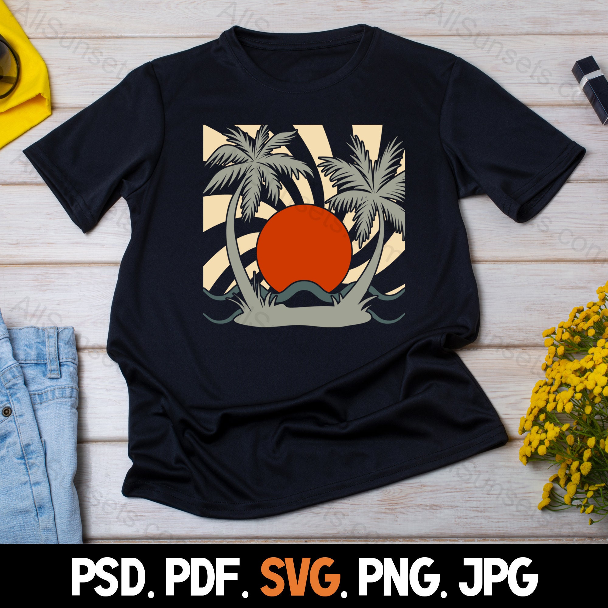 Palm Trees Retro Sunset Svg Png Jpg Pdf Psd File Types Ocean Waves ...