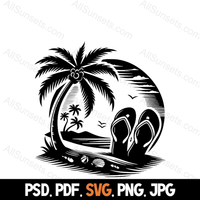 Flip Flops Palm Trees Silhouette svg png jpg pd pdf File Types Vector Beach Seashells Summer Commercial Use Print On Demand Image