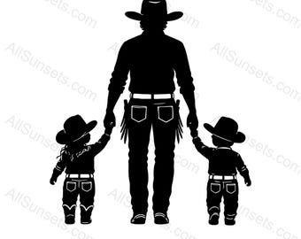 Immagine clipart di un papà cowboy con figlio e figlia (svg, png, jpg, pdf, psd)