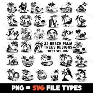 Beach Palm Tree Island Szene 33 Pack SVG & PNG Dateitypen Vektor-Silhouetten für den privaten oder kommerziellen Gebrauch einschließlich Print on Demand