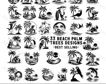 Tipi di file SVG e PNG scena di Beach Palm Tree Island da 33 sagome vettoriali per uso domestico o commerciale, inclusa la stampa su richiesta