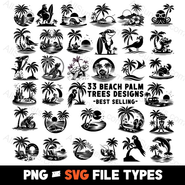 Beach Palm Tree Island Scene 33 Pack SVG & PNG File Types Vector Silhouettes for Home or Commercial Use Including Print on Demand