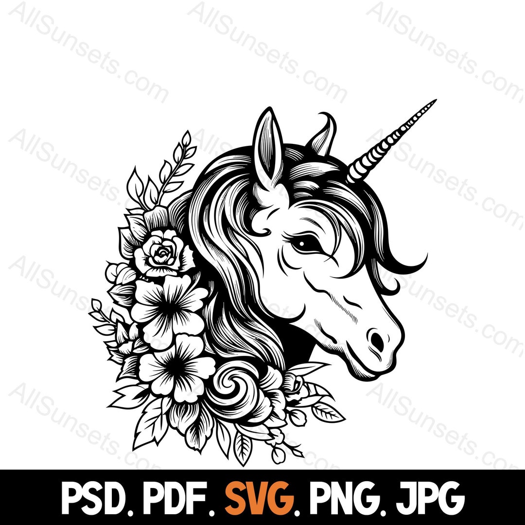 Unicorn Floral Silhouette Svg Png Pdf Jpg Psd File Types Etsy