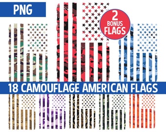 Camouflage American Flags 18 Pack PNG Camo USA Flag Military Pink Purple Red Green Grunge Patriotic Graphic Clipart Commercial Use