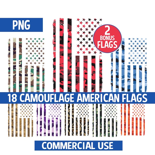 Camouflage American Flags 18 Pack PNG Camo USA Flag Military Pink Purple Red Green Grunge Patriotic Graphic Clipart Commercial Use