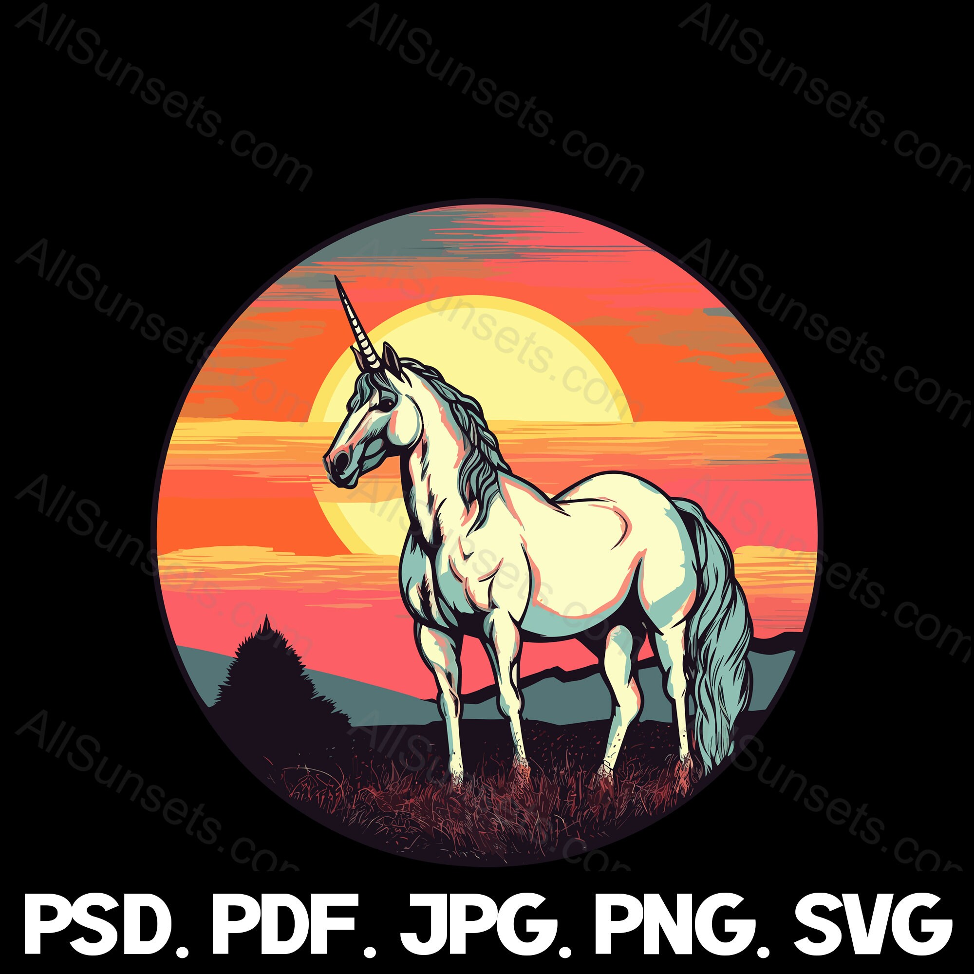 Unicorn Retro Sunset Svg Png Jpg Pdf Psd File Types Round - Etsy