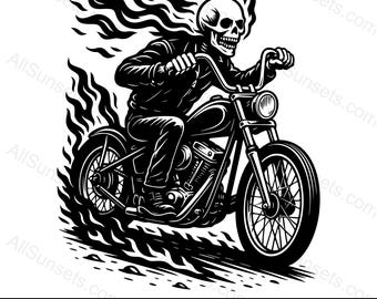 Teschio motociclista con silhouette di fiamme SVG png psd jpg pdf Tipi di file vettoriali Uso domestico o commerciale anche per stampa su richiesta