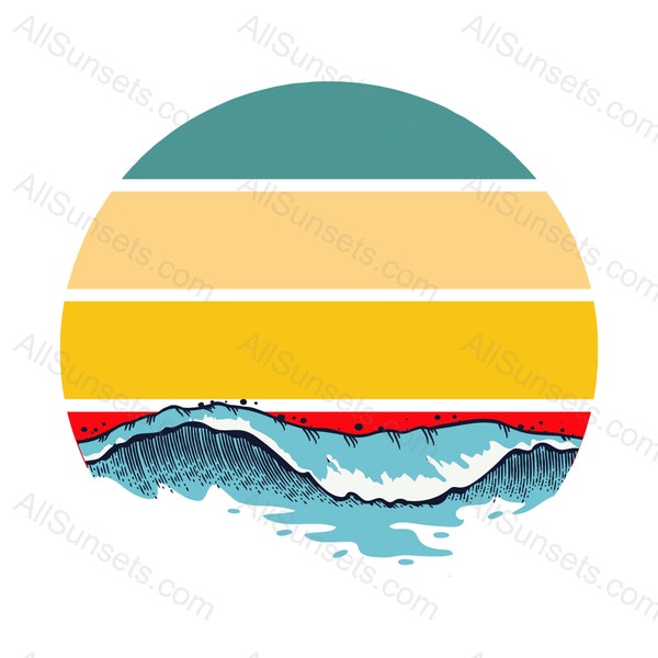 Ocean Waves Sunset Retro Vintage Round Horizontal PNG Clip Art 4 Color Palette Template Commercial License Graphic