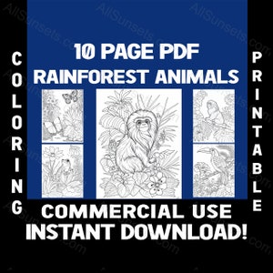 Rainforest Animals Birds Lush Forest Flowers Printable Coloring Book Commercial License Fun for Adult Coloring Books KDP Lulu 10 Page PDF #1